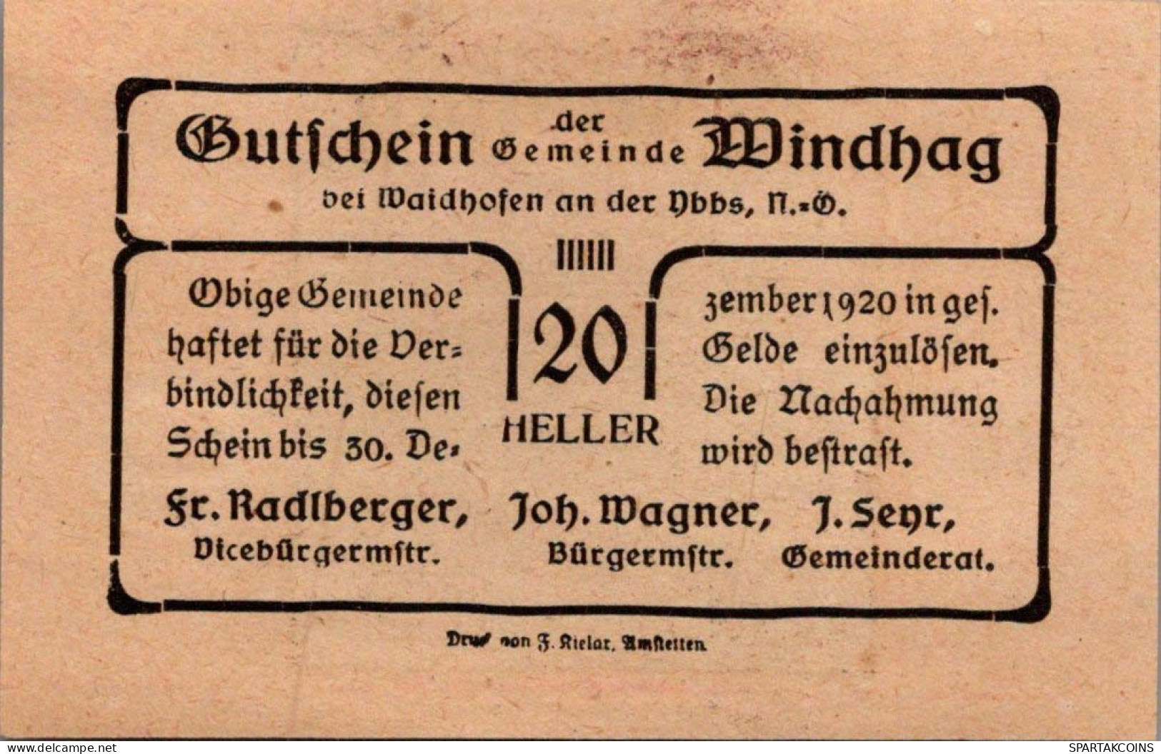 20 HELLER 1920 Stadt WINDHAG Niedrigeren Österreich Notgeld Papiergeld Banknote #PG749 - [11] Emissions Locales