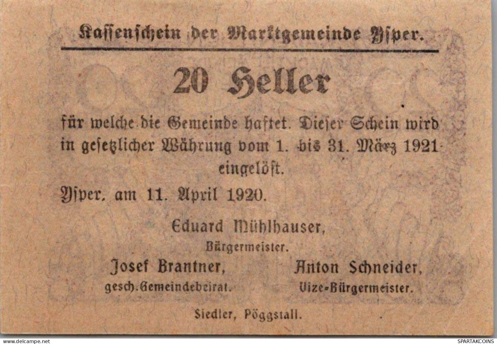 20 HELLER 1920 Stadt YSPER Niedrigeren Österreich Notgeld Banknote #PD857 - Lokale Ausgaben