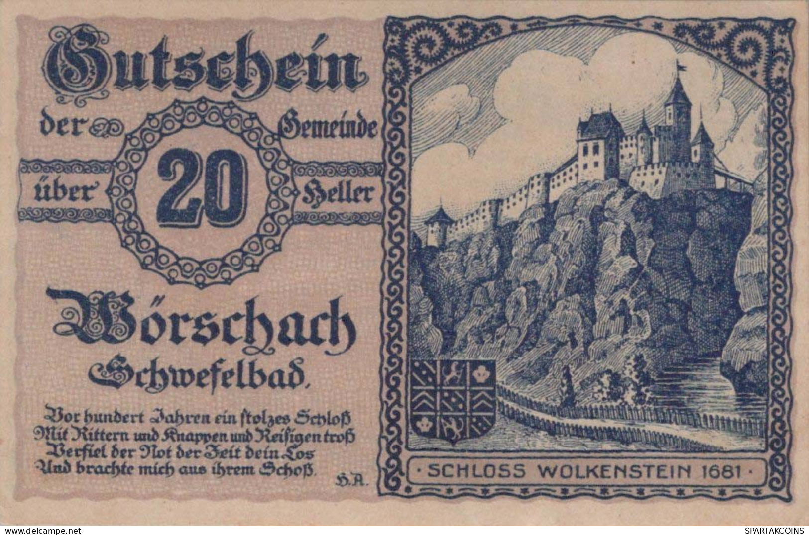 20 HELLER 1920 Stadt WoRSCHACH Styria Österreich Notgeld Banknote #PF271 - [11] Emissions Locales
