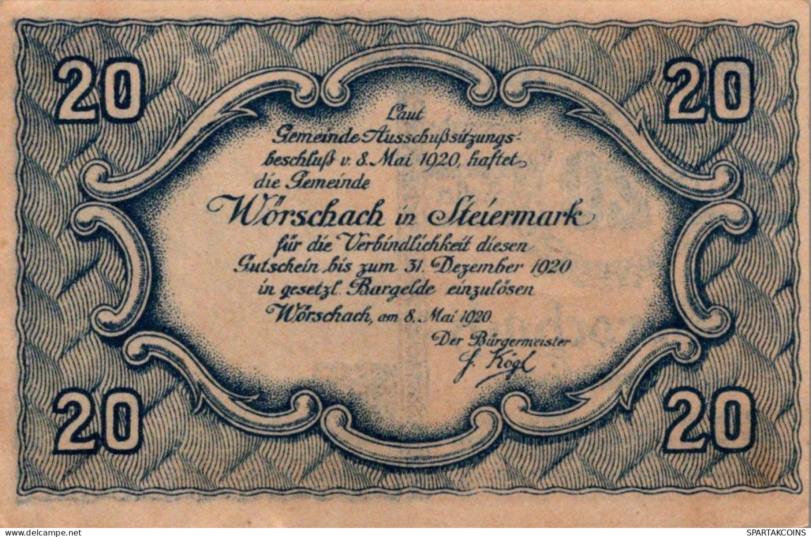 20 HELLER 1920 Stadt WoRSCHACH Styria Österreich Notgeld Banknote #PF271 - [11] Lokale Uitgaven