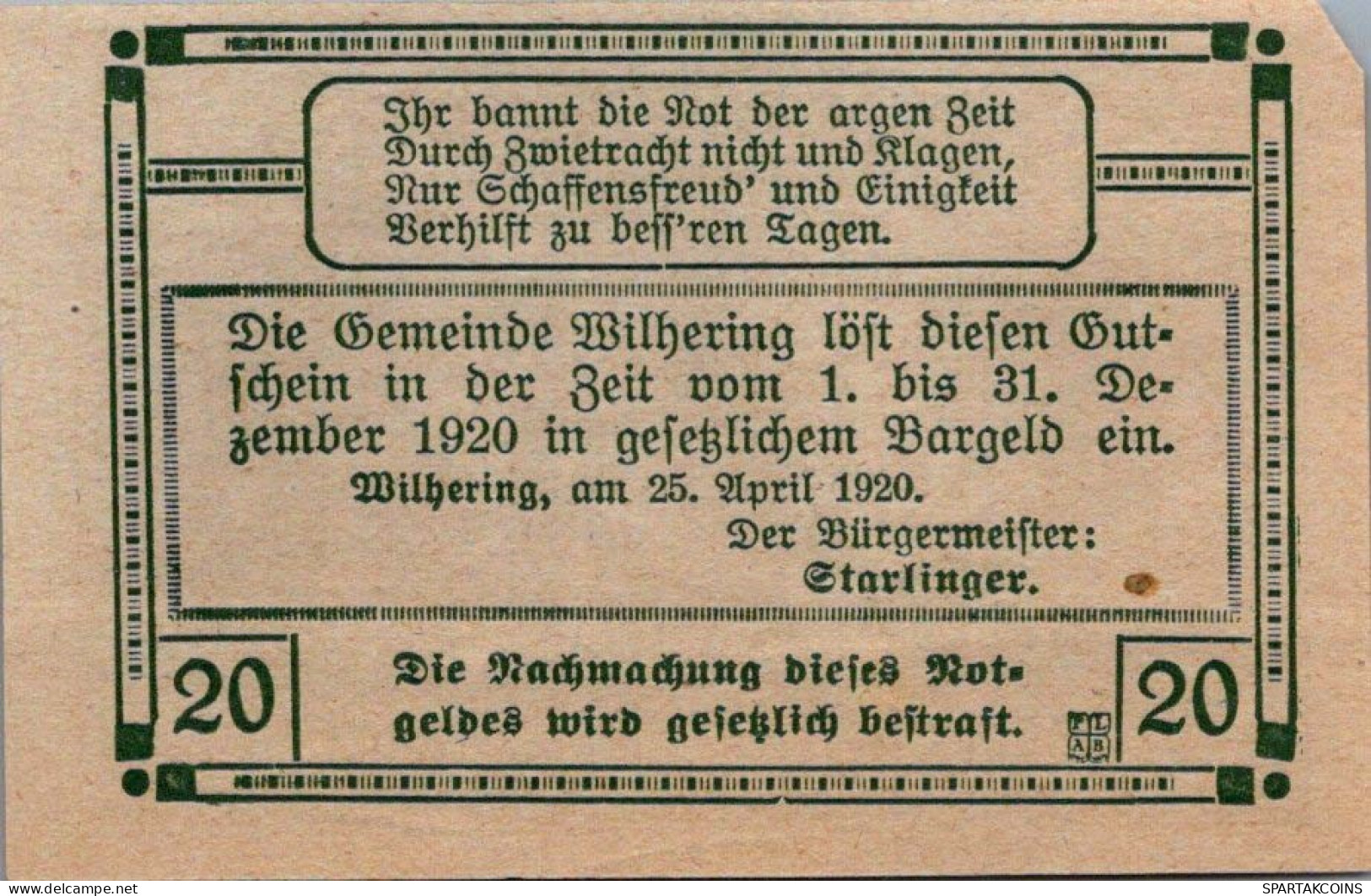 20 HELLER 1920 Stadt WILHERING Oberösterreich Österreich Notgeld Banknote #PE022 - Lokale Ausgaben