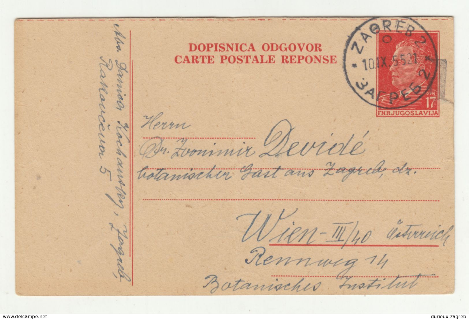 Yugoslavia FNR Only Message Part Of Postal Stationery Postcard With Reply Posted 1955 Zagreb To Wien B240503 - Interi Postali