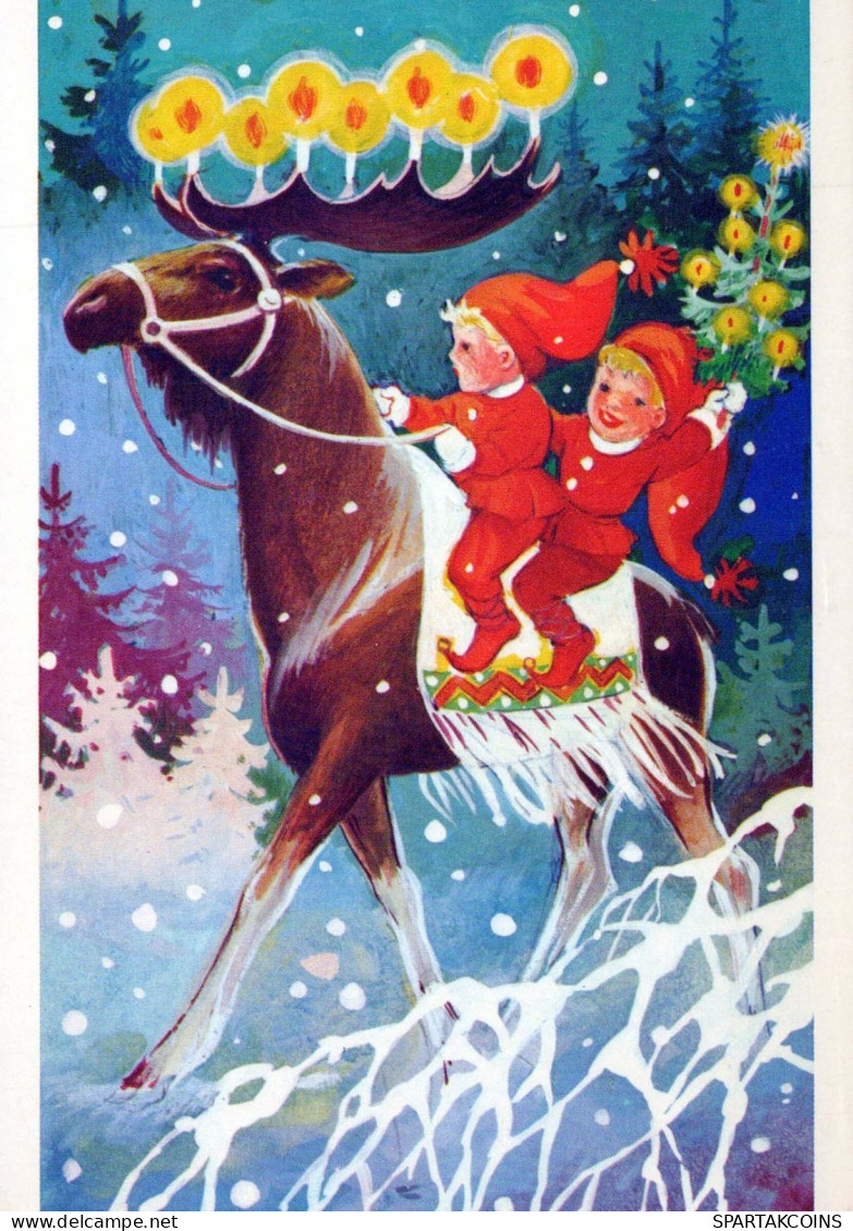 SANTA CLAUS Happy New Year Christmas GNOME HORSE Vintage Postcard CPSM #PAY454.A - Santa Claus