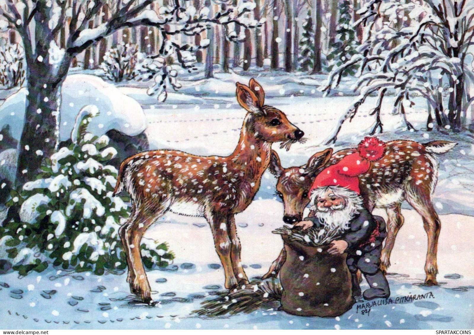 PÈRE NOËL Bonne Année Noël GNOME CERF Vintage Carte Postale CPSM #PAW491.A - Santa Claus
