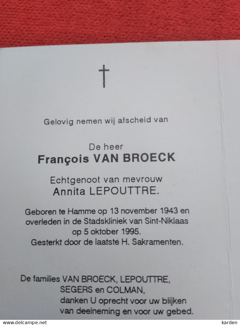 Doodsprentje François Van Broeck / Hamme 13/11/1943 Sint Niklaas 5/10/1995 ( Annita Lepouttre ) - Religion & Esotérisme