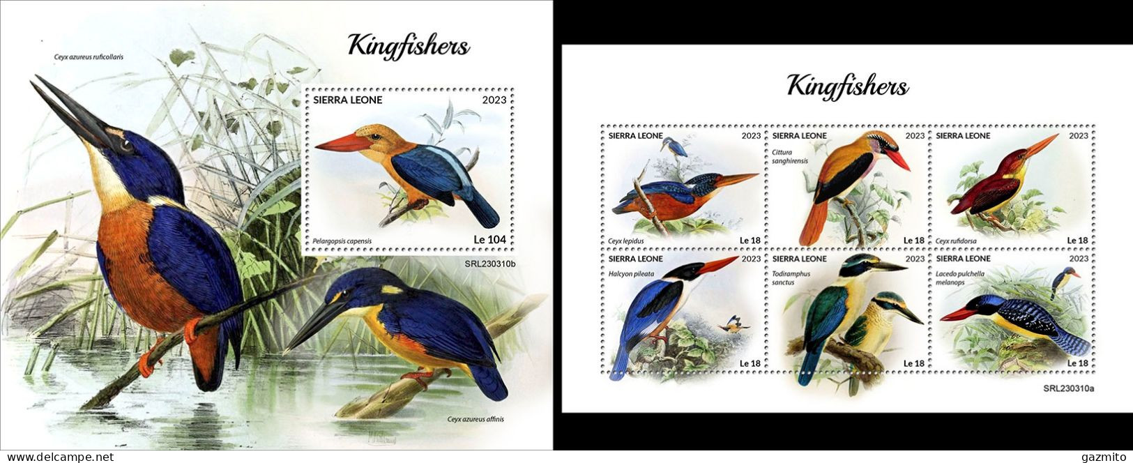 Sierra Leone 2023, Animals, Kingfisher, 6val In BF +BF - Songbirds & Tree Dwellers