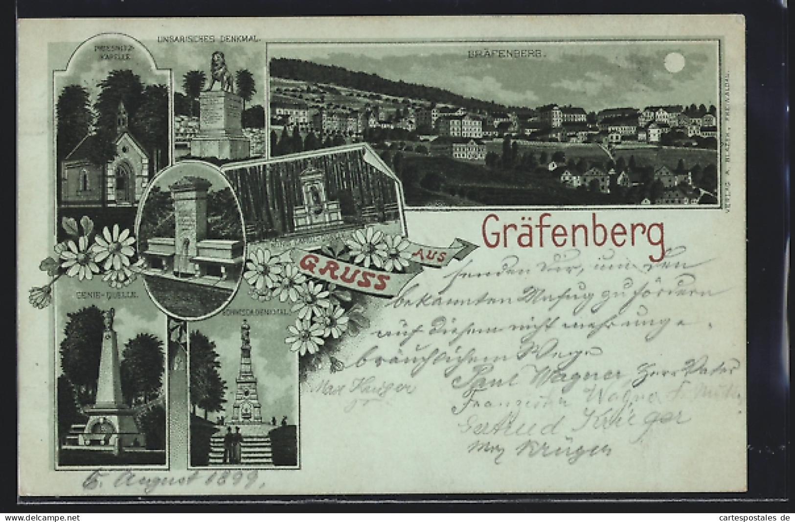 Mondschein-Lithographie Gräfenberg, König Carol-Quelle, Genie-Quelle, Ungarisches Denkmal  - Tschechische Republik