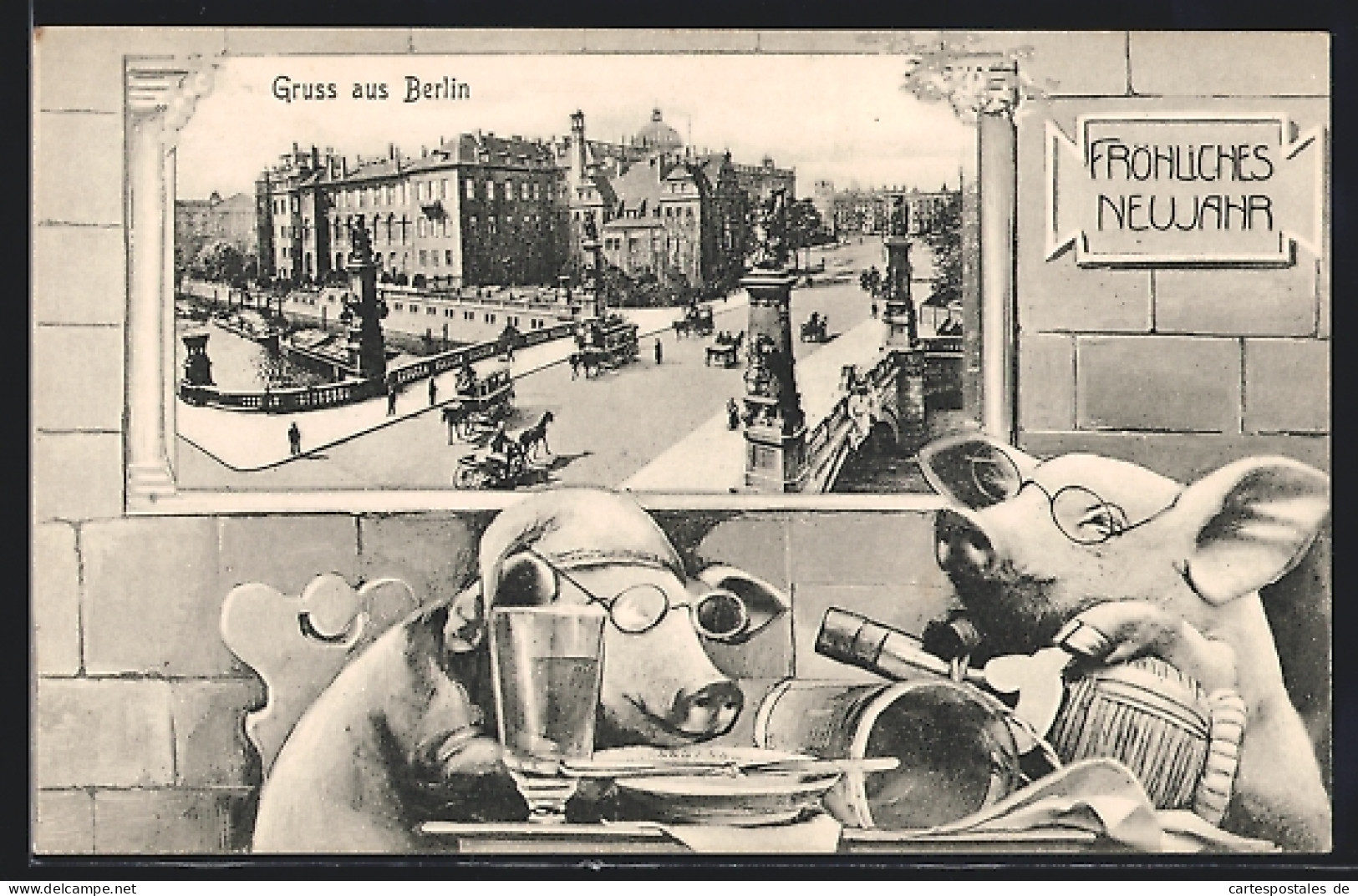 Grusskarten-AK Berlin, Ansicht Vom Schloss, Schweine Trinken Zum Neuen Jahr  - Fotografie