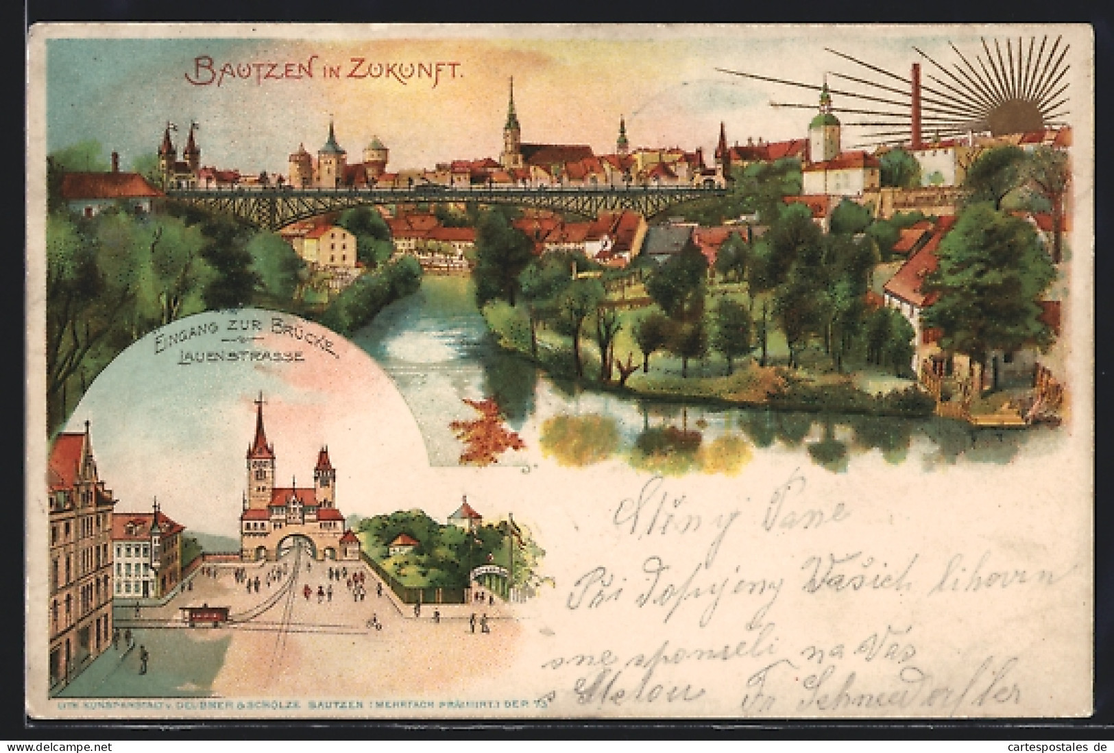 Lithographie Bautzen, Eingang Zur Brücke, Lauenstrasse, Ortsansicht In Zukunft  - Altri & Non Classificati