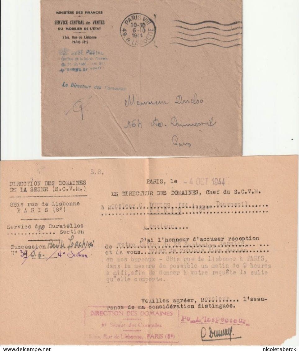 Lettre Du Ministère Des Finances Service Des Vente Des Mobiliers De L'état Avec 2 Lettres - Cartas & Documentos