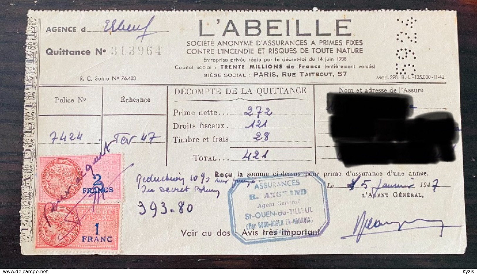 France Timbre Fiscal - Daussy 1936 (1,00F) Avec Gros Défauts - Lettres & Documents