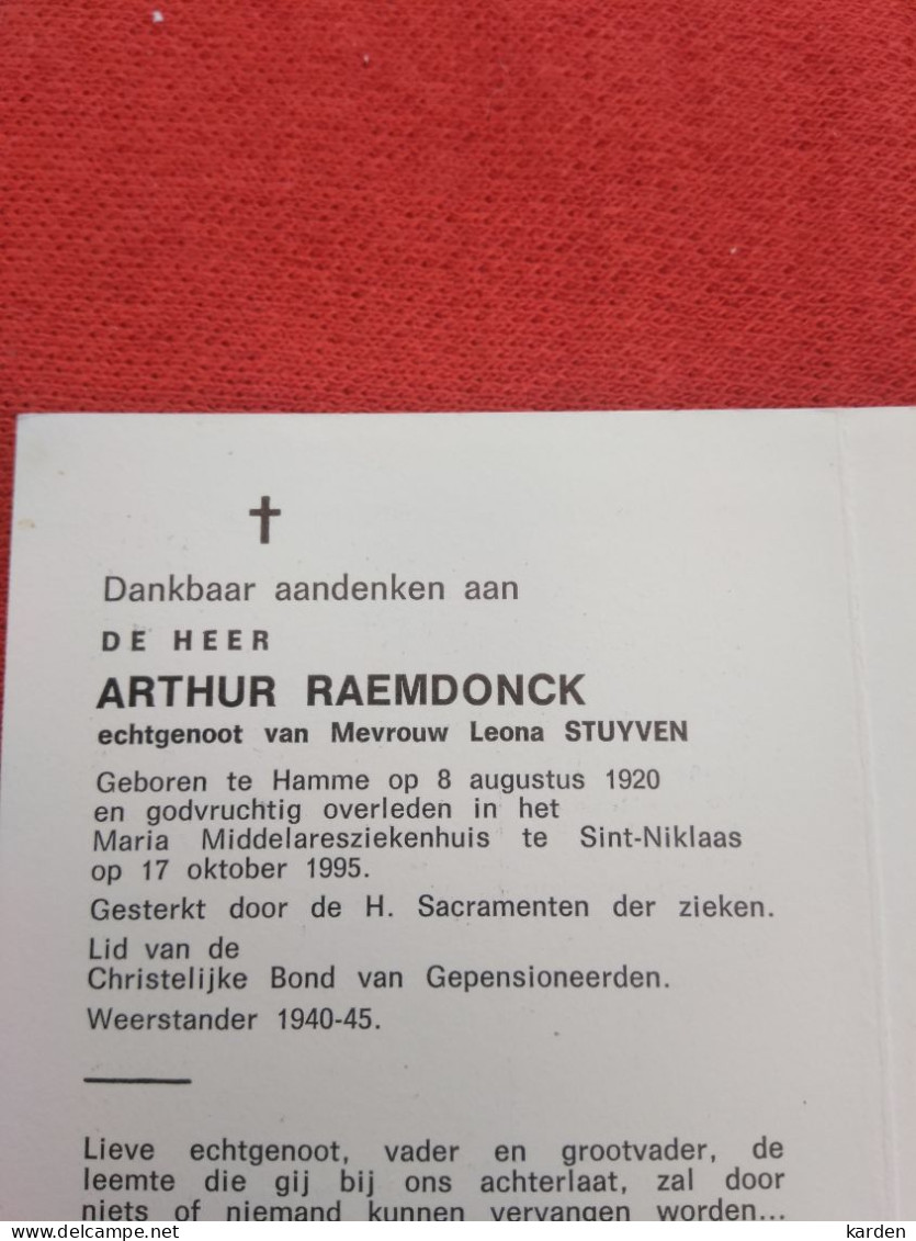 Doodsprentje Arthur Raemdonck / Hamme 8/8/1920 Sint Niklaas 17/10/1995 ( Leona Stuyven ) - Godsdienst & Esoterisme