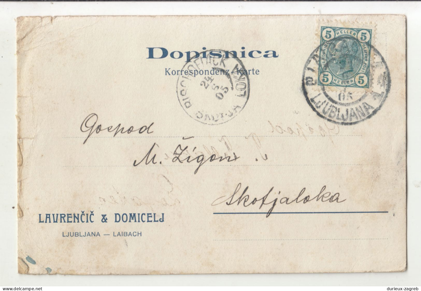 Lavrenčič & Domicelj, Ljubljana Company Postal Card Posted 1905 To Škofja Loka B240503 - Slovénie