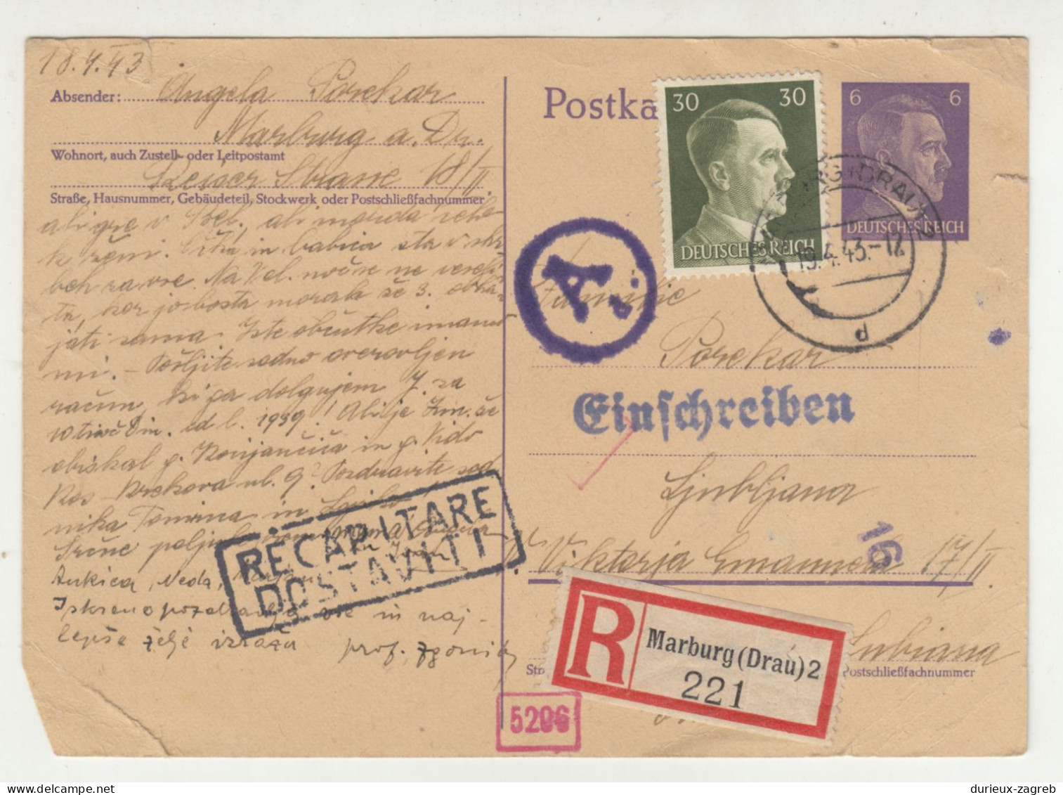 Germany Reich Postal Stationery Postcard Posted Registered 1943 Marburg A/D To Ljubljana B240503 - Slovénie