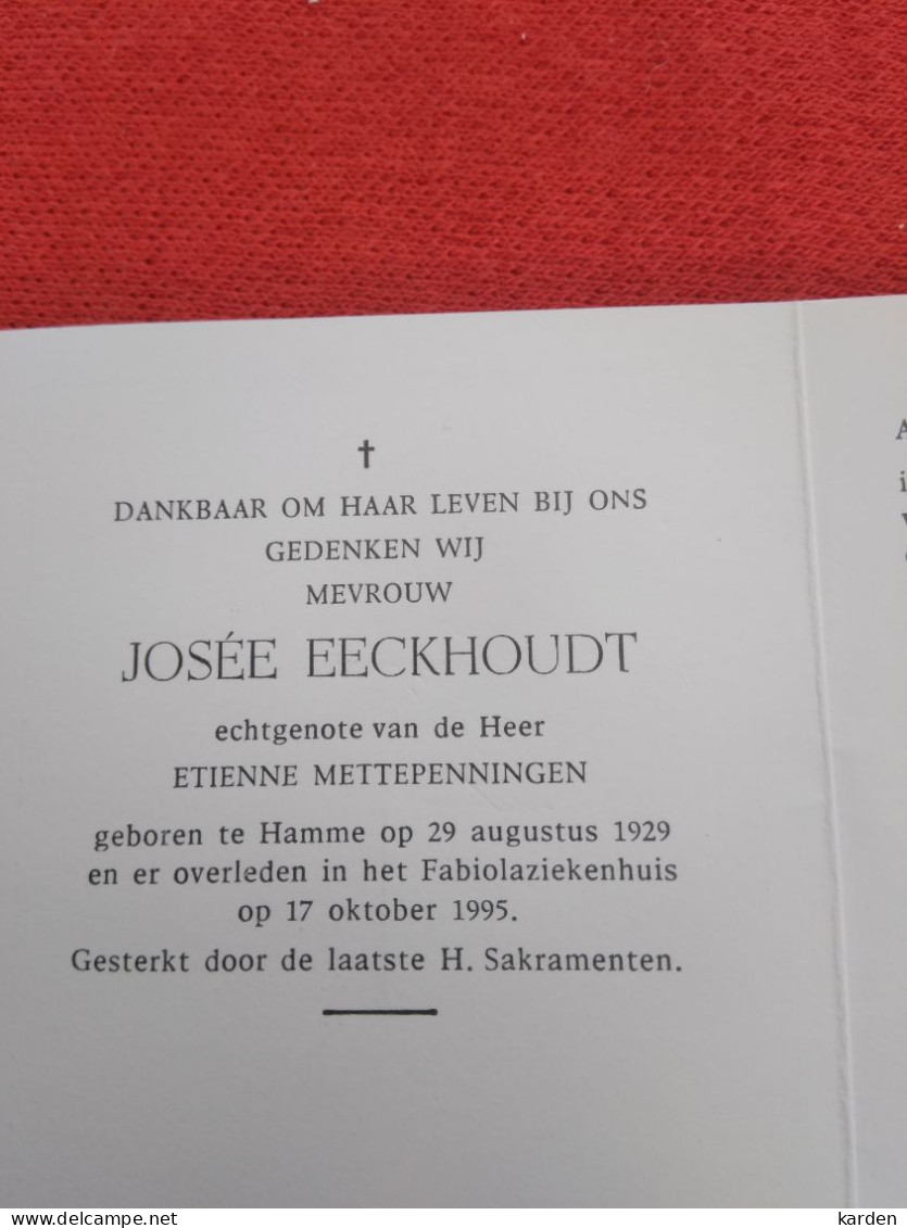 Doodsprentje Josée Eeckhout / Hamme 29/8/1929 - 17/10/1995 ( Etienne Mettepenningen ) - Religion &  Esoterik
