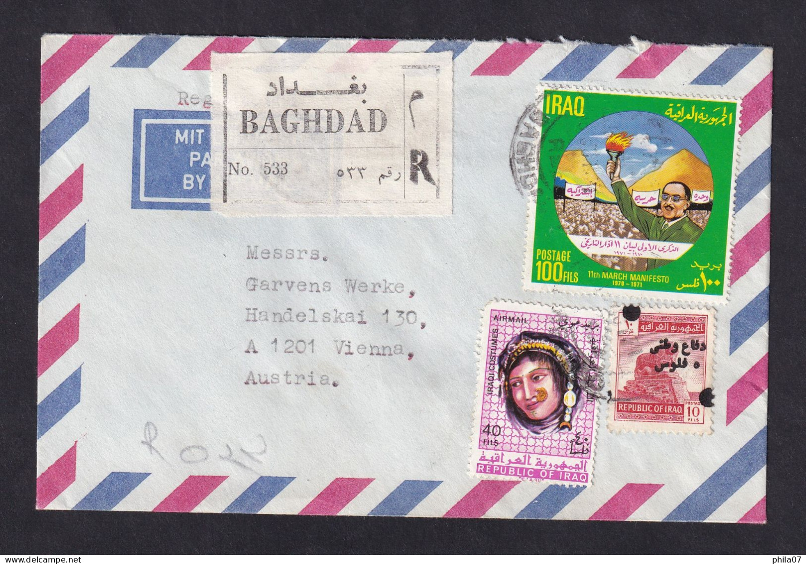 IRAQ - Envelope Sent By Registered And Air Mail From Baghdad To Austria, Nice Franking / 2 Scans - Irak