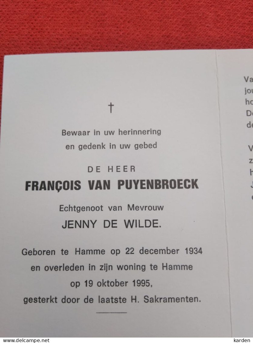 Doodsprentje François Van Puyenbroeck / Hamme 22/12/1934 - 19/10/1995 ( Jenny De Wilde ) - Religion & Esotérisme