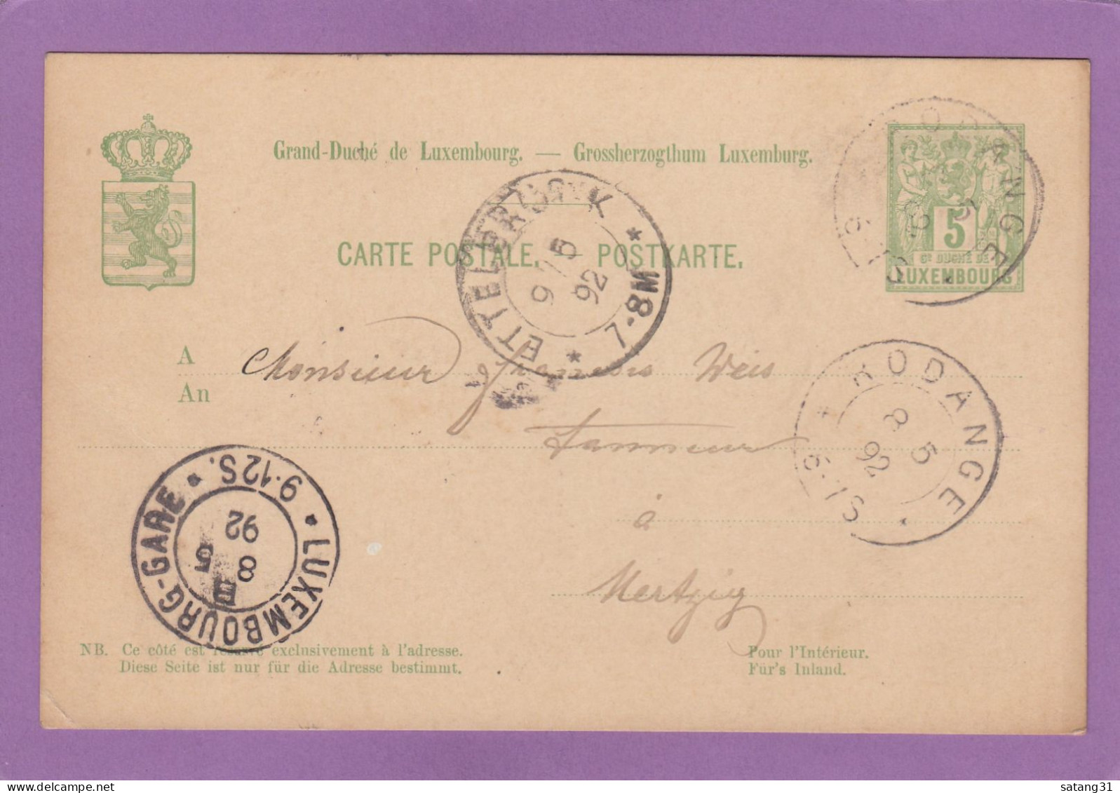 ENTIER POSTAL DE LAMADELAINE,POSTE A RODANGE,POUR ETTELBRUCK,VIA LUXEMBOURG-GARE,1892. - Entiers Postaux