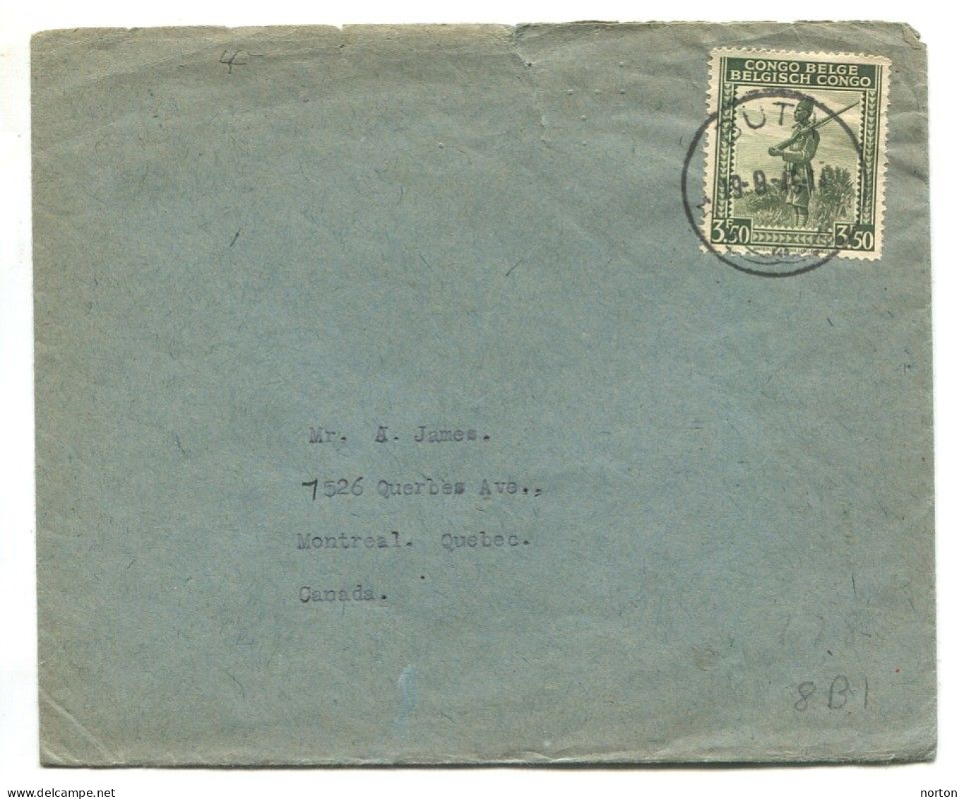 Congo Buta Oblit. Keach 8B1 Sur C.O.B. 262 Sur Lettre Vers Montreal Le 19/09/1945 - Cartas & Documentos