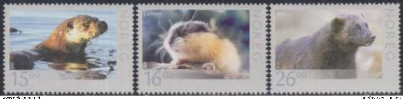 Norwegen Mi.Nr. 1707-09 Wildlebende Tiere, Fischotter Lemming Vielfraß (3 Werte) - Unused Stamps