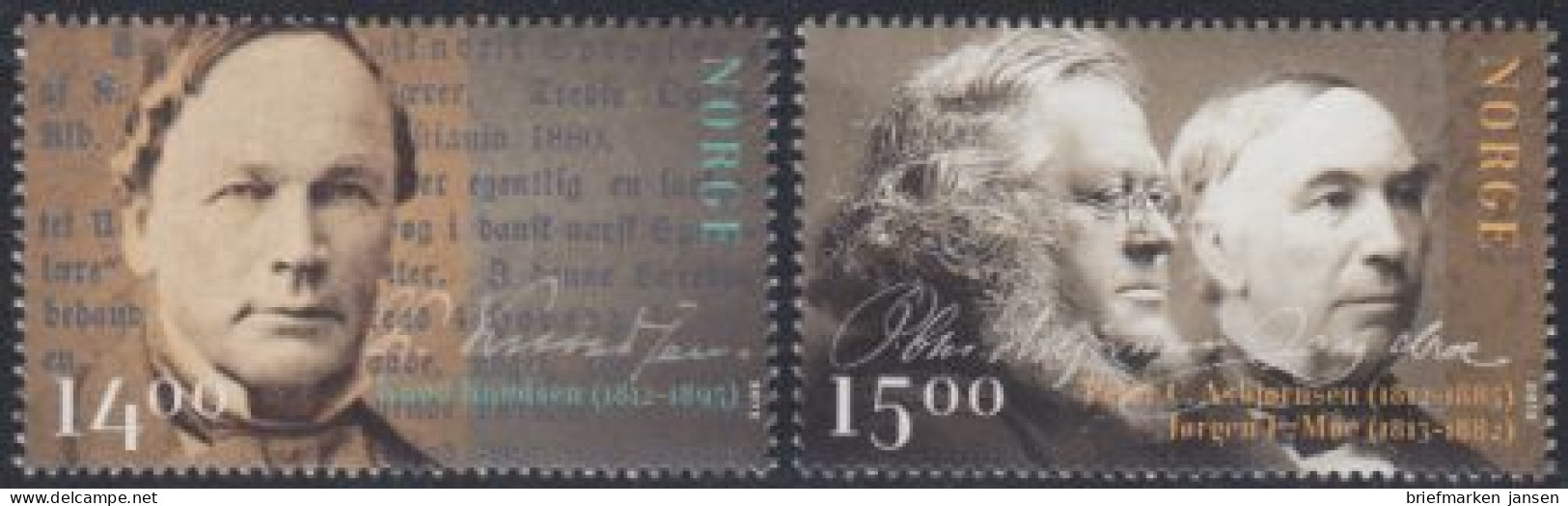 Norwegen Mi.Nr. 1796-97 Knud Knudsen,Peter Christen Asbjornsen, J.Moe (2 Werte) - Unused Stamps