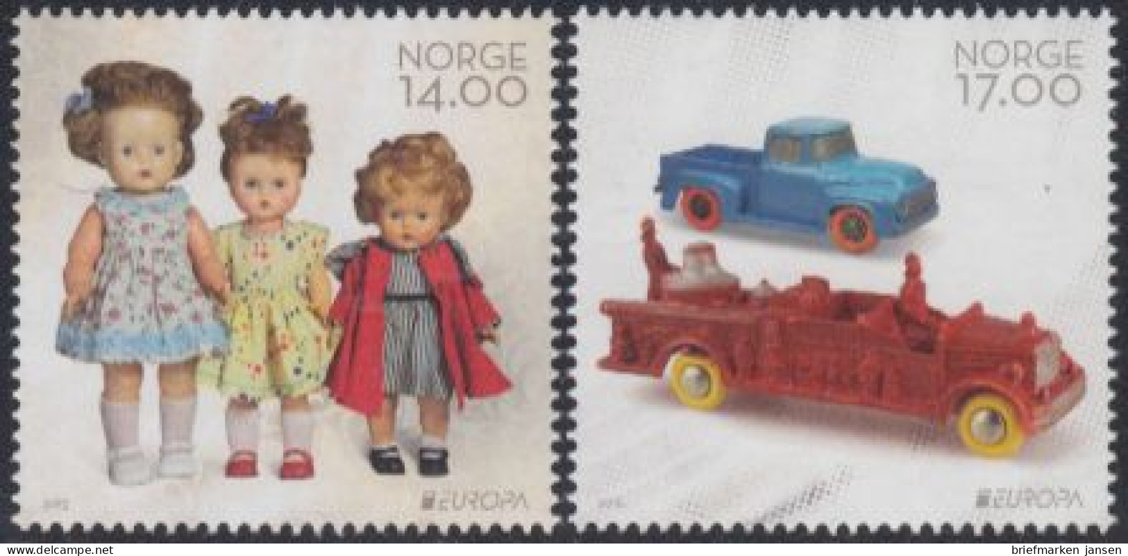 Norwegen Mi.Nr. 1884-85 Europa 15, Hist.Spielzeug, Puppen, Gummiautos (2 Werte) - Ungebraucht