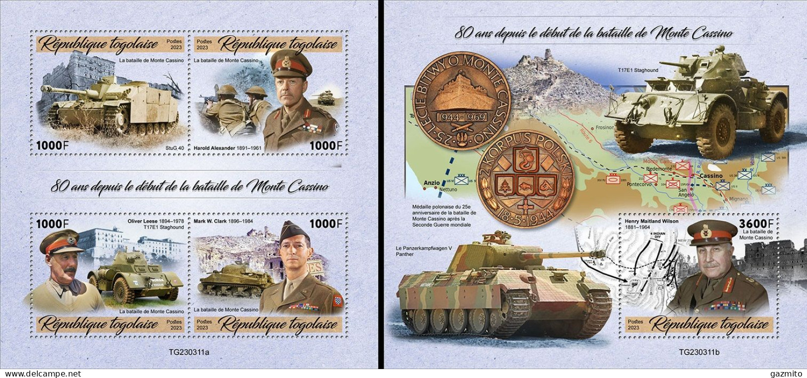 Togo 2023, WWII, Monte Cassino, 4val In BF +BF - Seconda Guerra Mondiale