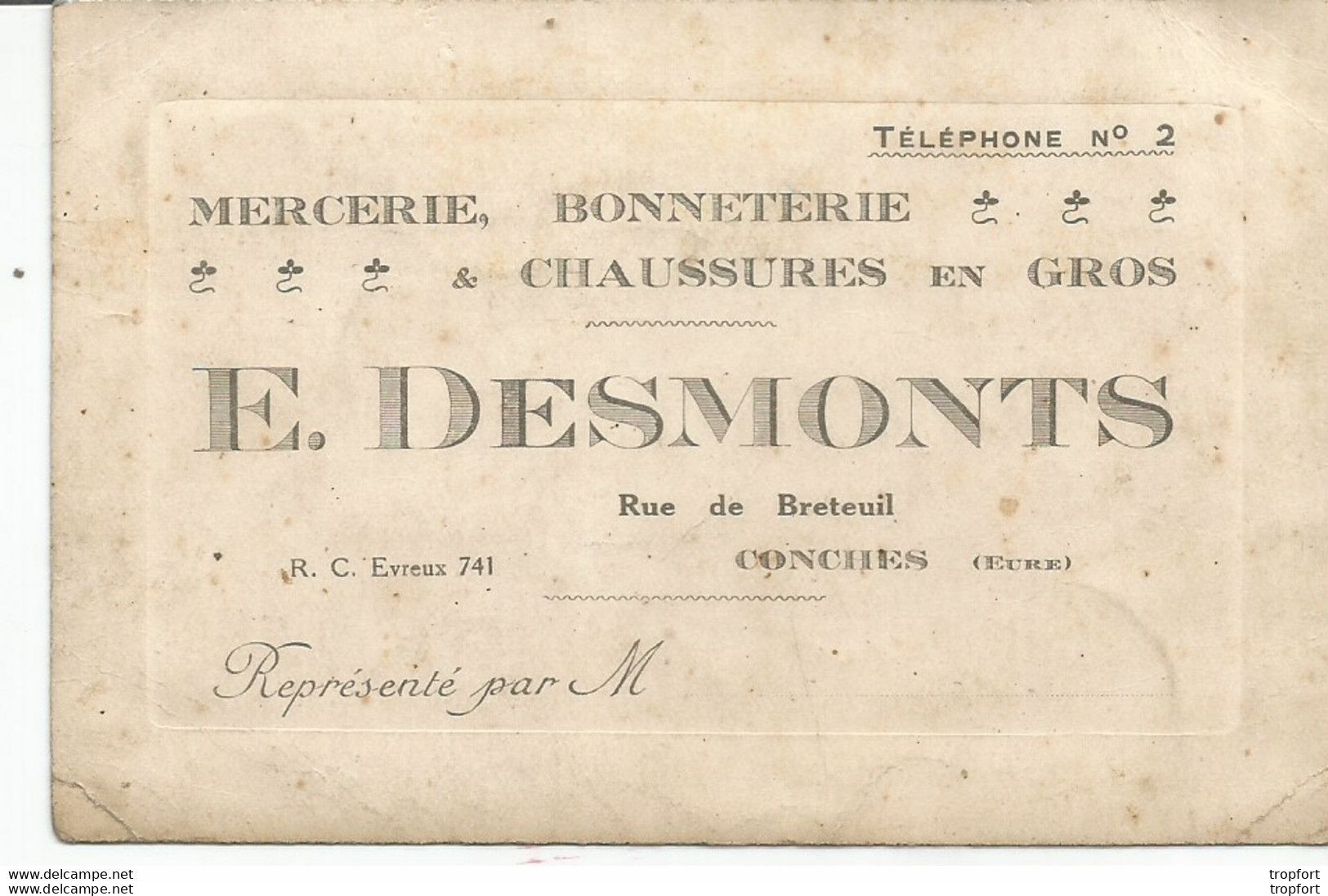 AS / Ancienne Carte De Visite PUBLICITAIRE PUB E.DESMONTS Chaussure CONCHES (eure) Rue De Breteuil MERCERIE BONNETERIE - Visitenkarten