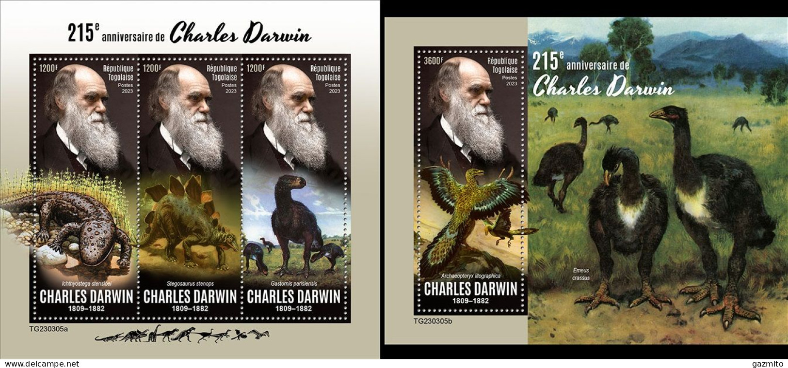 Togo 2023, Darwin, Dinosaurs, 3val In BF +BF - Schriftsteller