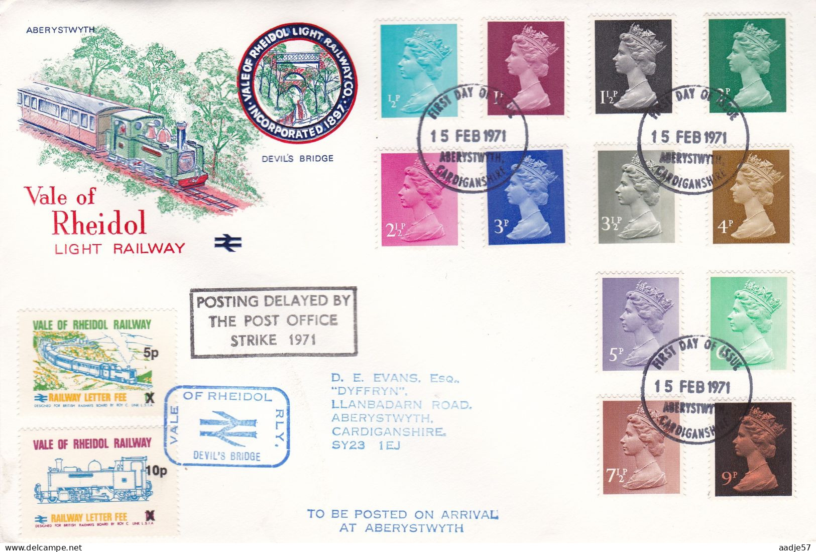 GB Engeland FDC 1971 TYPE MACHIN Vale Of Rheidol Posting Delayed By Teh Post Office Strike 1971 - Treni