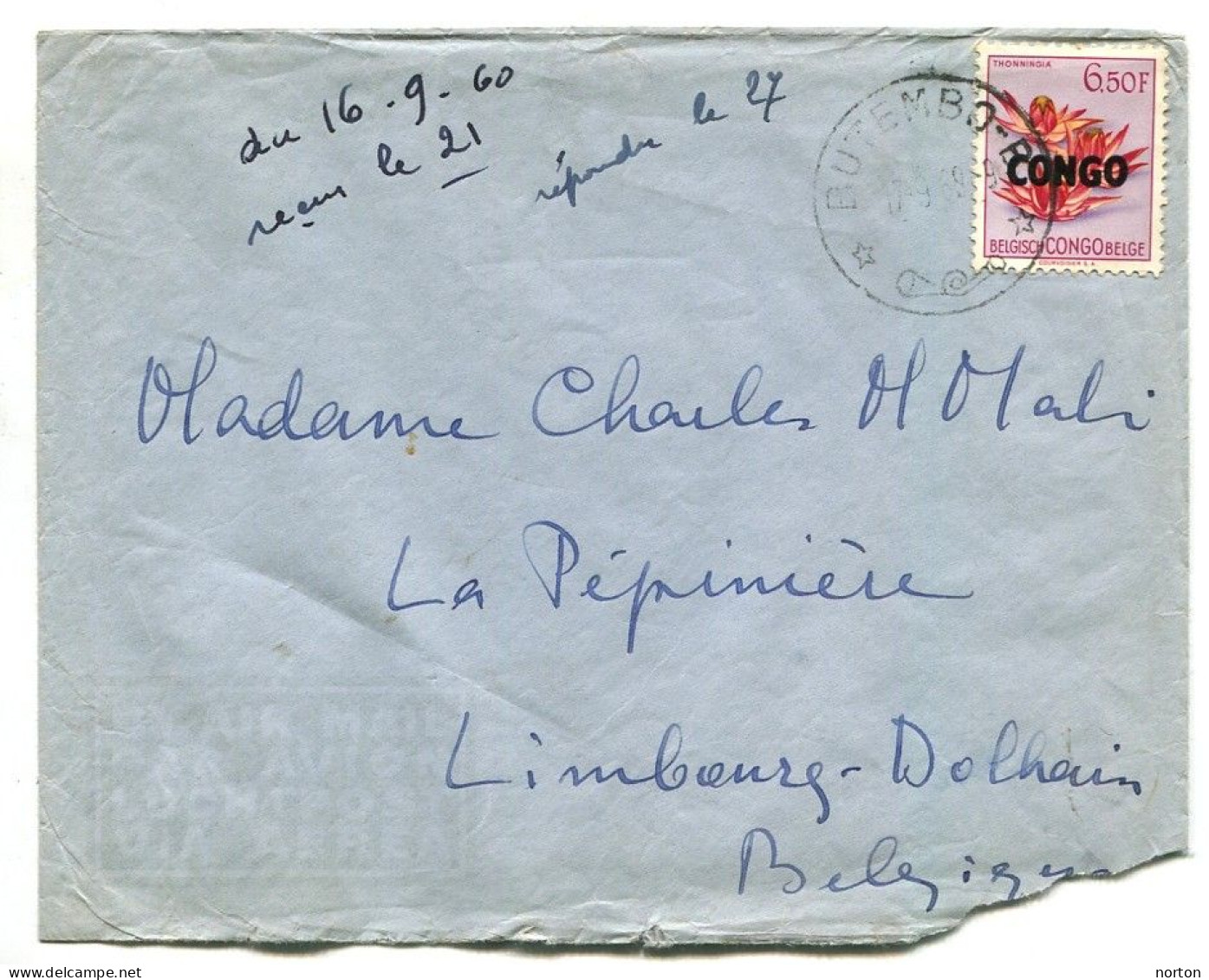 Congo Butembo Oblit. Keach 10(-B.) Sur C.O.B. 394 (République Du Congo) Sur Lettre Vers Limbourg-Dolhain Le 17/09/1960 - Brieven En Documenten