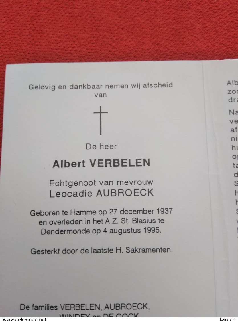 Doodsprentje Albert Verbelen / Hamme 27/12/1937 Dendermonde 4/8/1995 ( Leocadie Aubroeck ) - Religion & Esotérisme