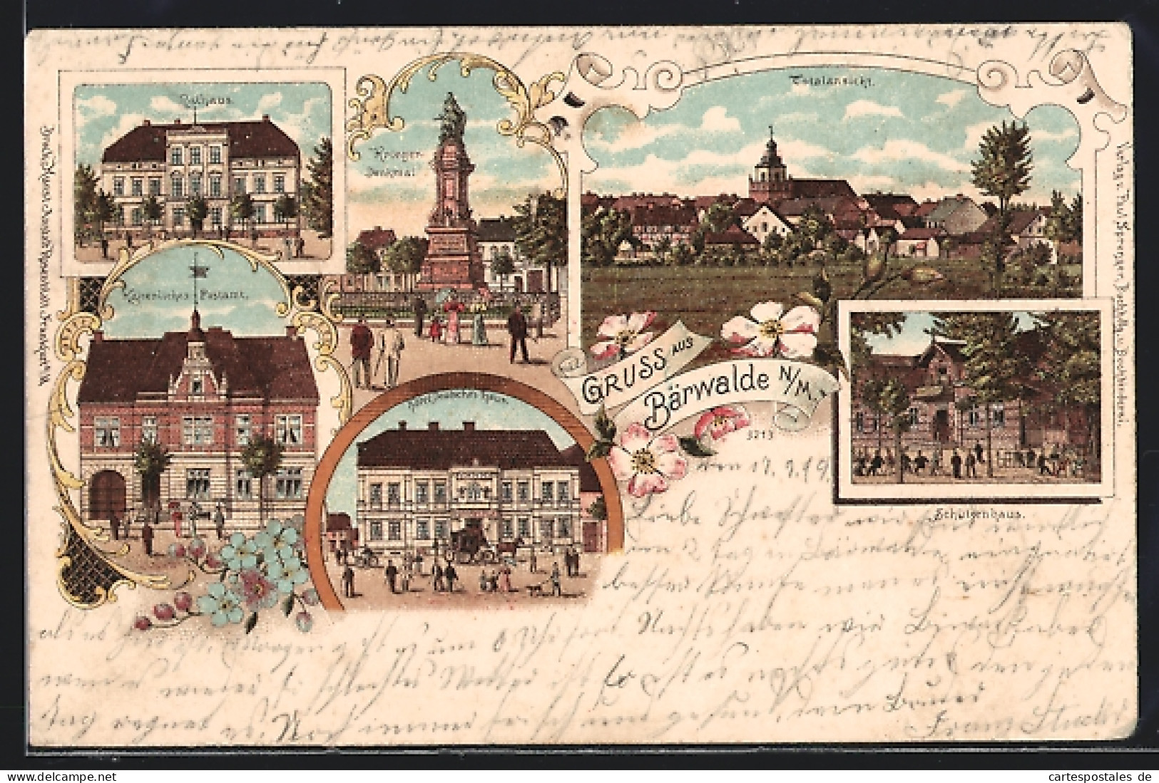 Lithographie Bärwalde N. M., Gasthaus Schützenhaus, Hotel Deutsches Haus, Kaiserliches Postamt  - Sonstige & Ohne Zuordnung