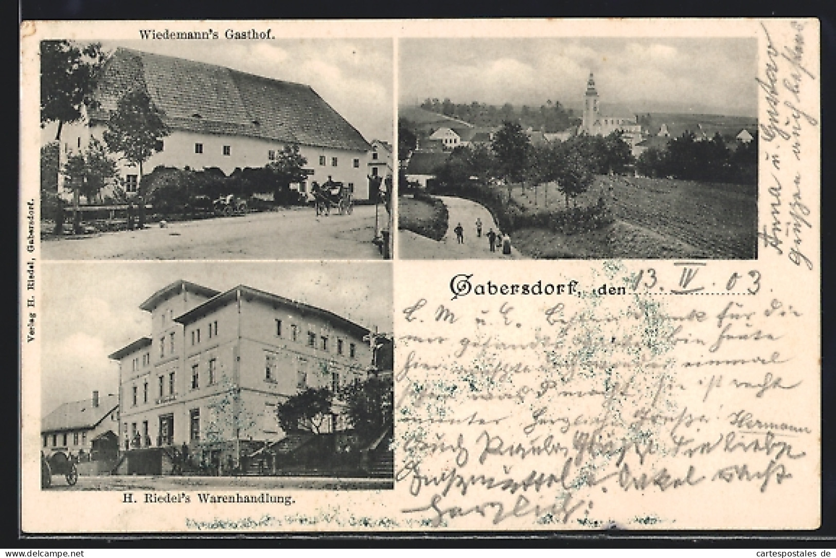 AK Gabersdorf, Wiedemanns Gasthof, H. Riedel`s Warenhandlung, Ortsansicht  - Schlesien