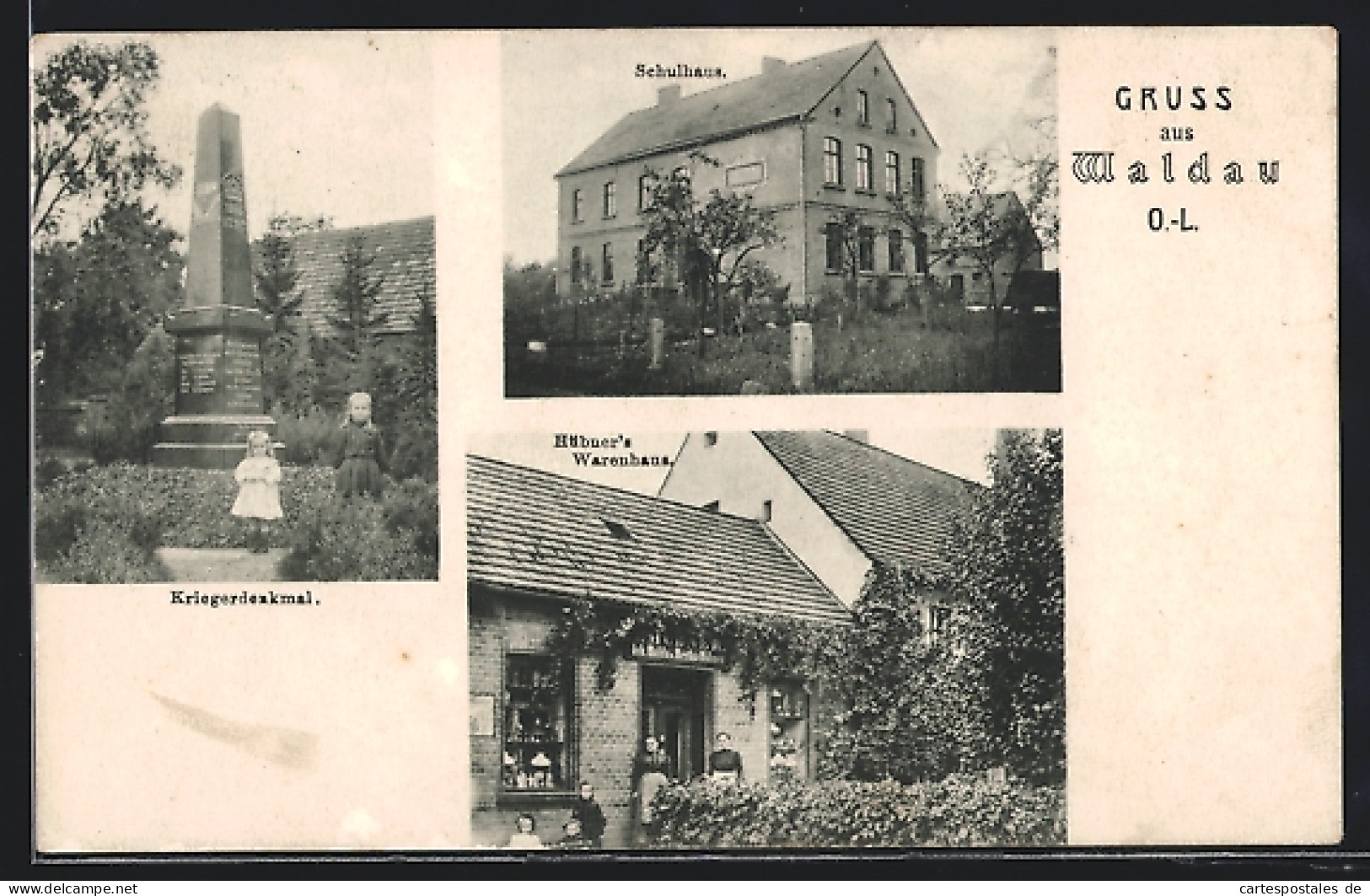 AK Waldau /O.-L., Hübners WArenhaus, Schulhaus, Kriegerdenkmal  - Schlesien
