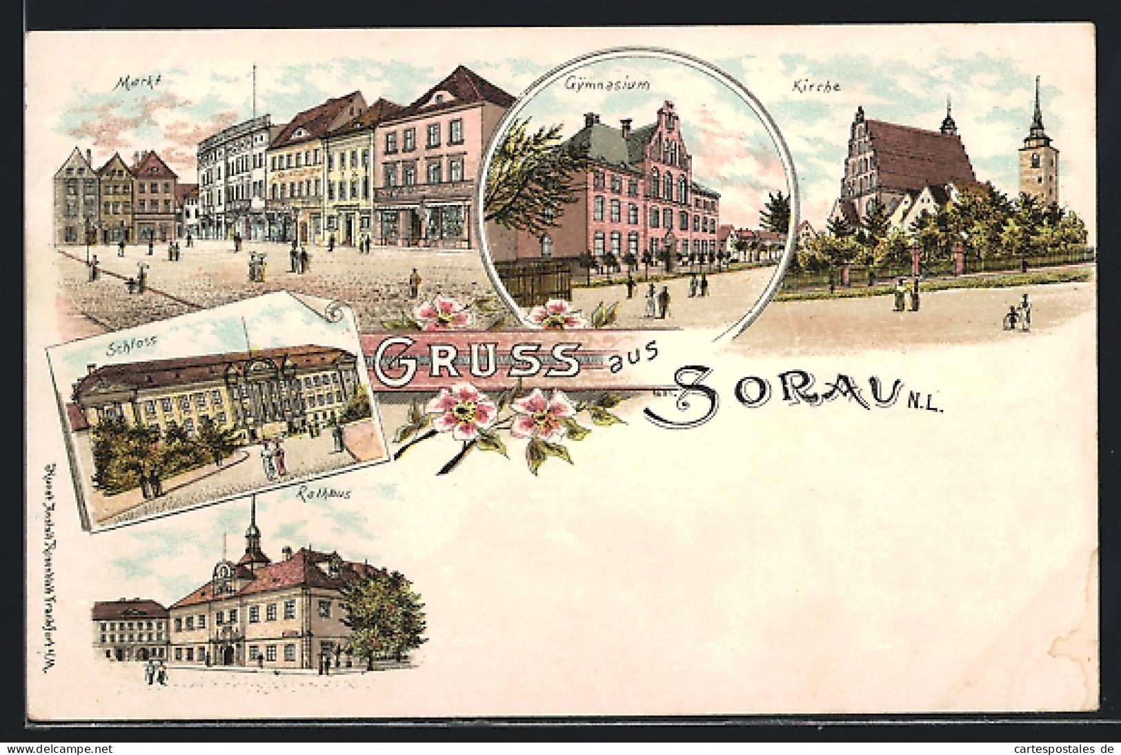 Lithographie Sorau /N. L., Strassenpartie Am Markt, Schloss, Rathaus  - Andere & Zonder Classificatie