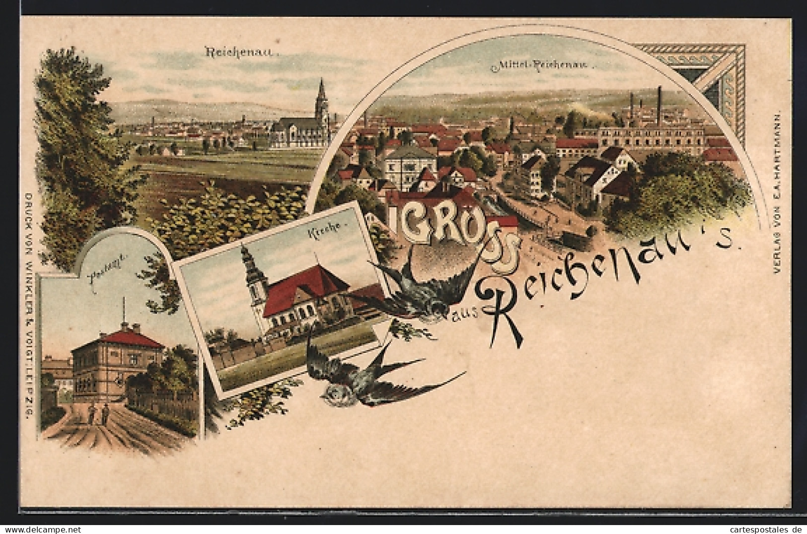 Lithographie Reichenau I.Sa., Postamt, Ortspartie  - Sudeten