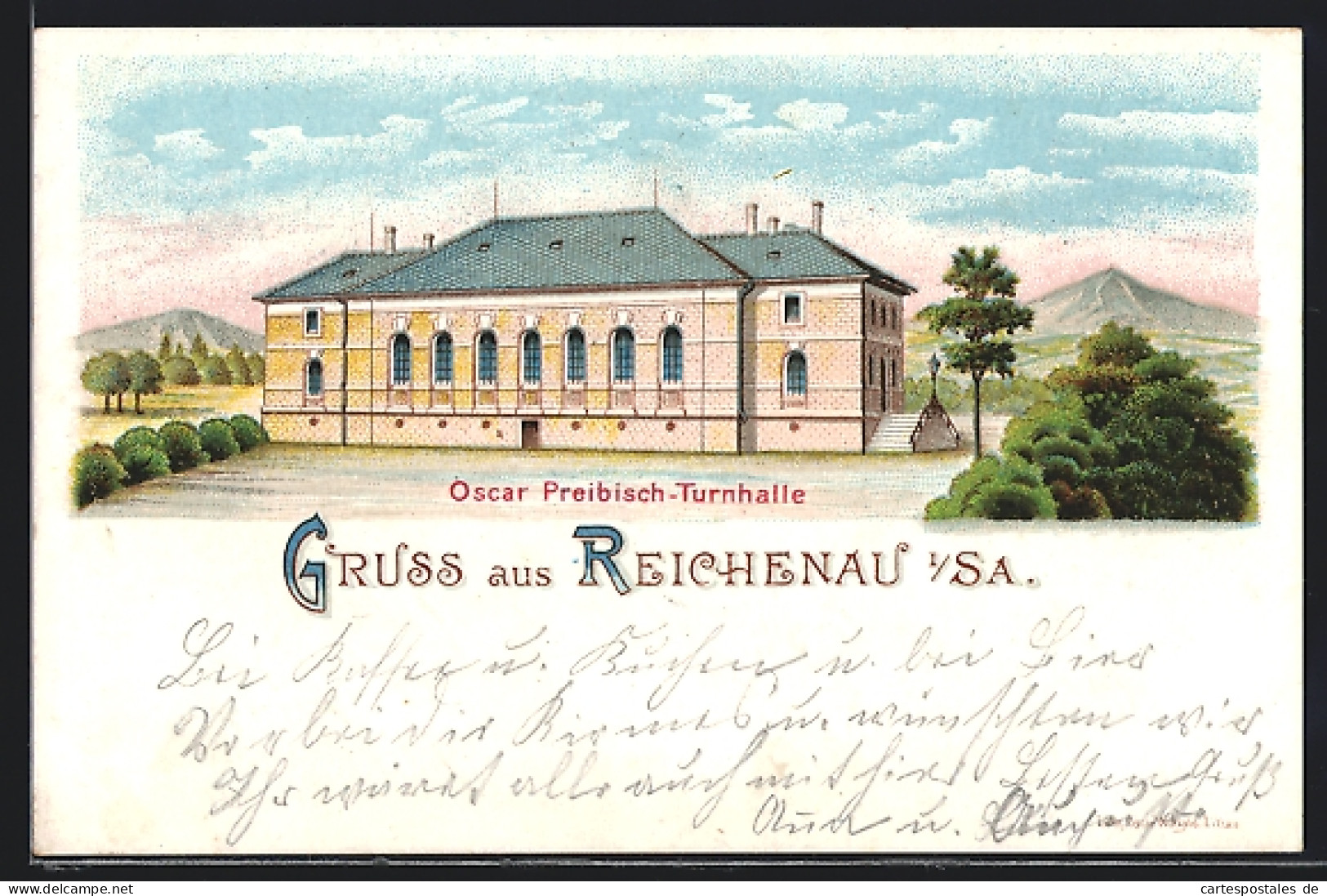 Lithographie Reichenau I/SA., 17. Gauturnfest 1899, Oscar Preibisch-Turnhalle  - Sudeten