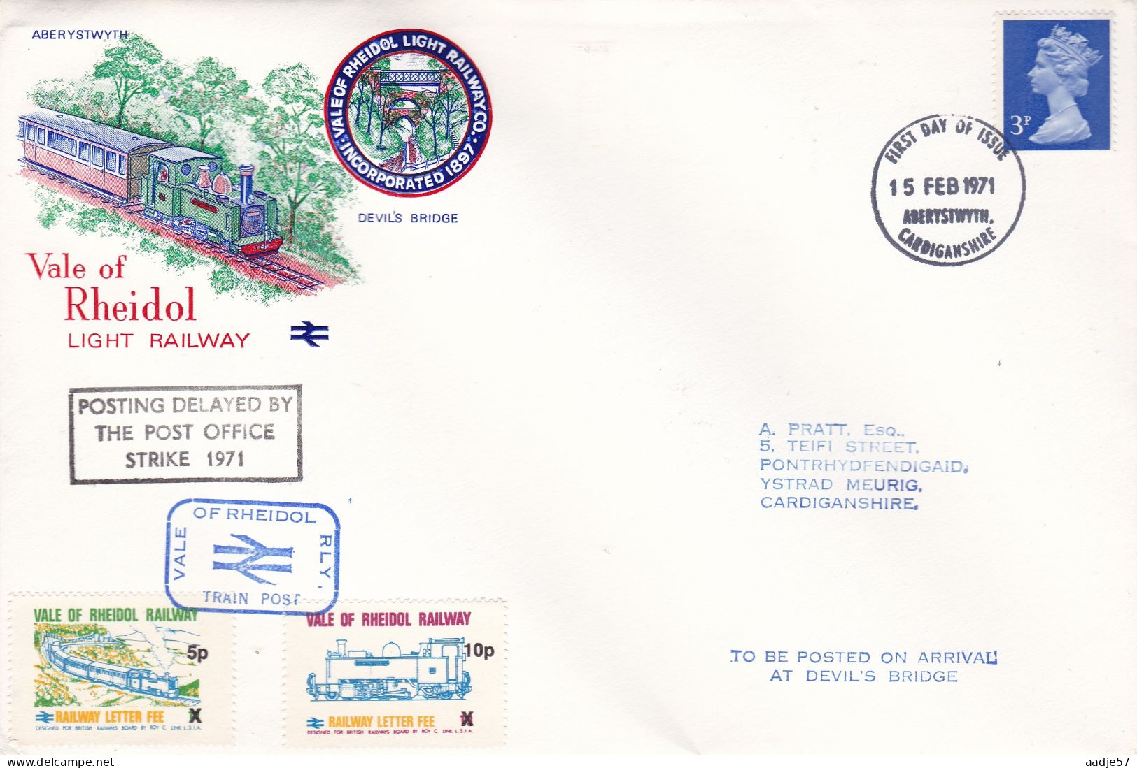 GB Engeland FDC 1971 TYPE MACHIN Vale Of Rheidol Posting Delayed By Teh Post Office Strike 1971 - Eisenbahnen