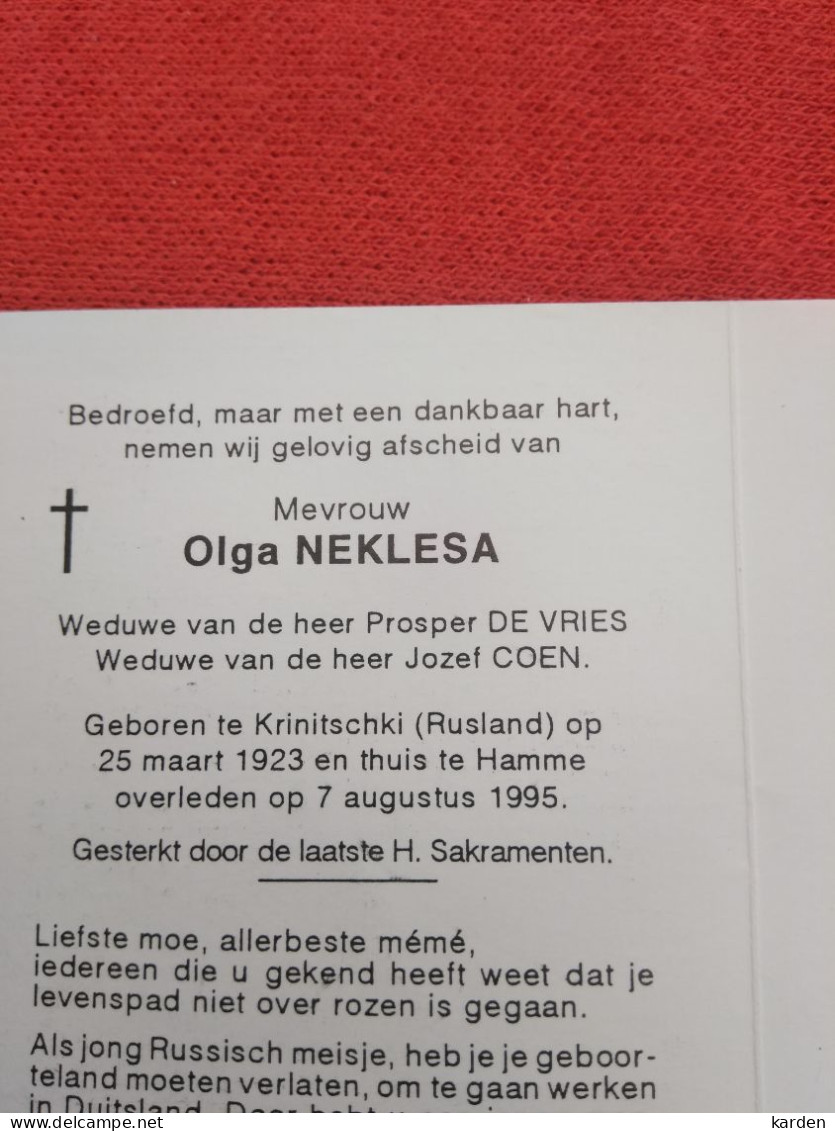 Doodsprentje Olga Neklesa / Krinitschki ( Rusl ) 25/3/1923 Hamme 7/8/1995 ( Prosper De Vries / Jozef Coen ) - Religion & Esotérisme