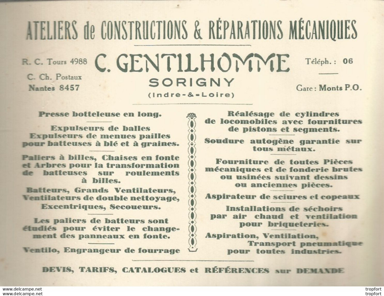AS / Ancienne Carte De Visite PUBLICITAIRE C. GENTILHOMME SORIGNY Reparations Mecaniques AUTOMOBILE GARAGE - Visitekaartjes