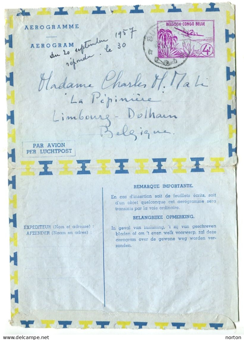 Congo Butembo Oblit. Keach 10(-A.) Sur Aérogramme Vers Limbourg-Dolhain Le 20/09/1957 - Storia Postale