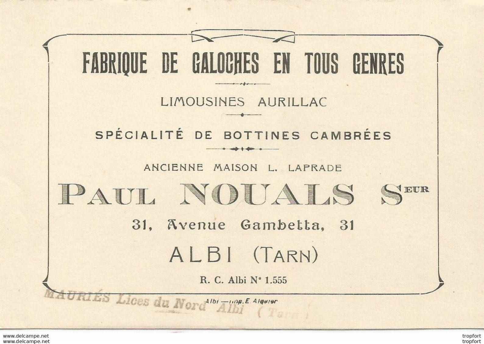 AT / Carte De Visite ANCIENNE Pub Publicitaire CDV Paul NOUALS ALBI Tarn GALOCHES LIMOUSINE AURILLAC Bottines - Cartes De Visite