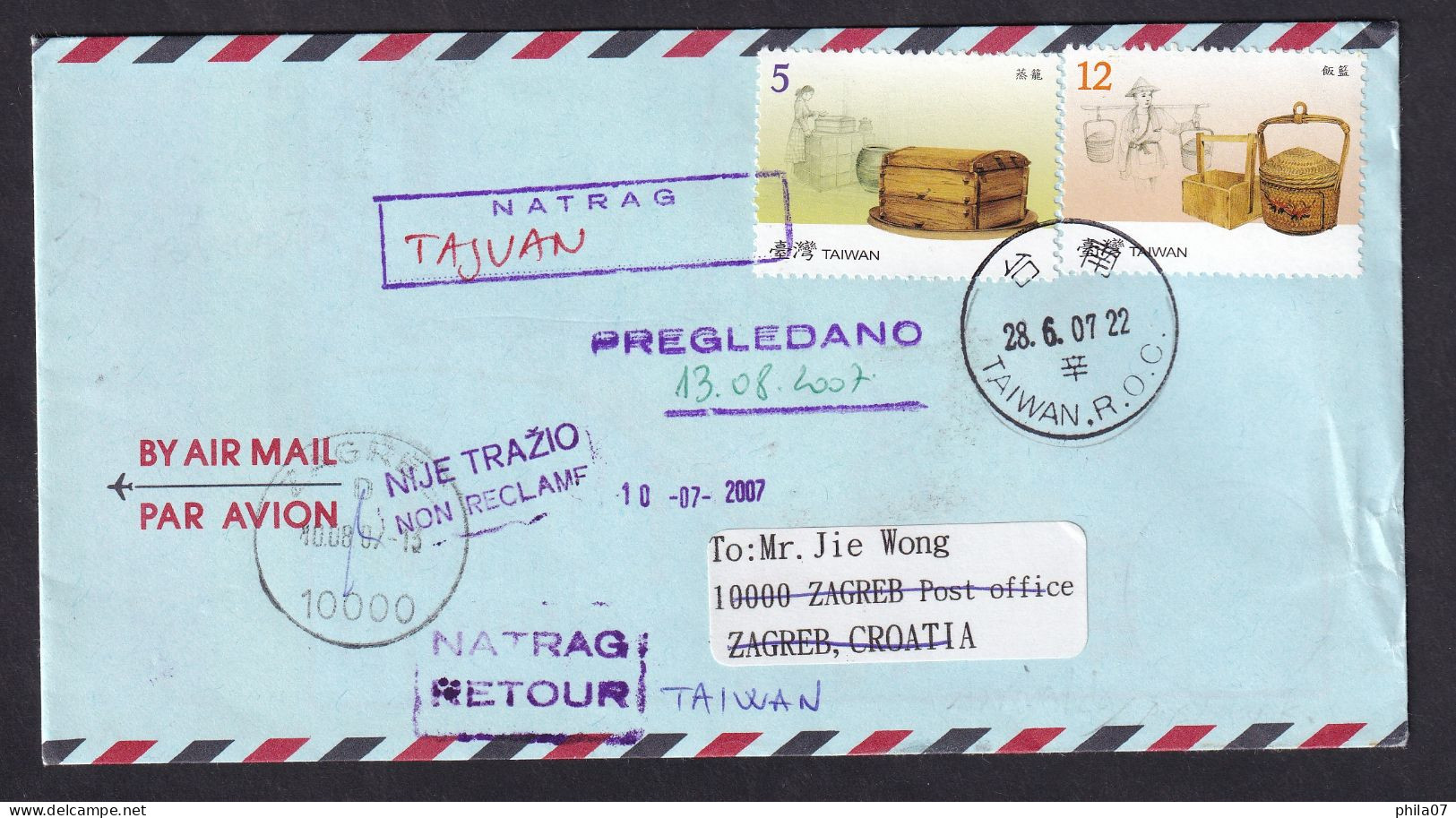 TAIWAN Envelope Sent Via Air Mail From Taiwan To Zagreb And Returned To Taiwan, Not Reclamed - Cancel On Envelope/2scans - Lettres & Documents