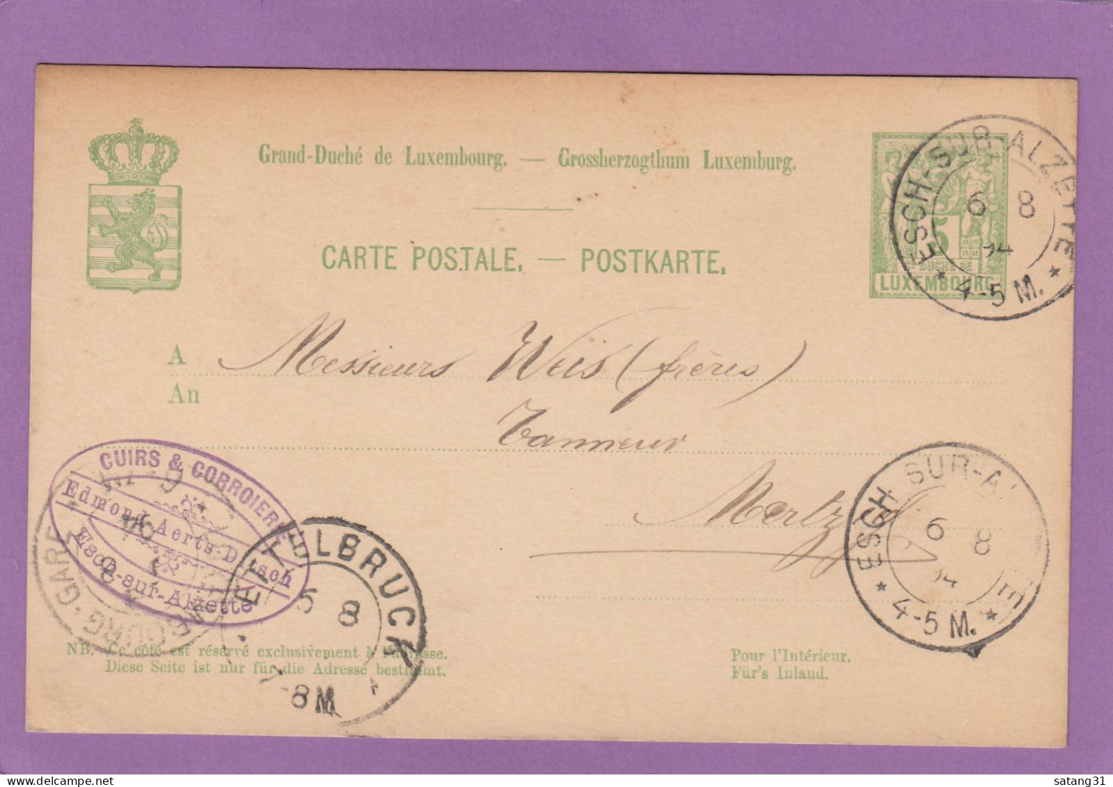 CUIRS & COURROIERIE, ESCH/ALZETTE. ENTIER POSTAL POUR DES TANNEURS A MERTZIG,1894. - Stamped Stationery