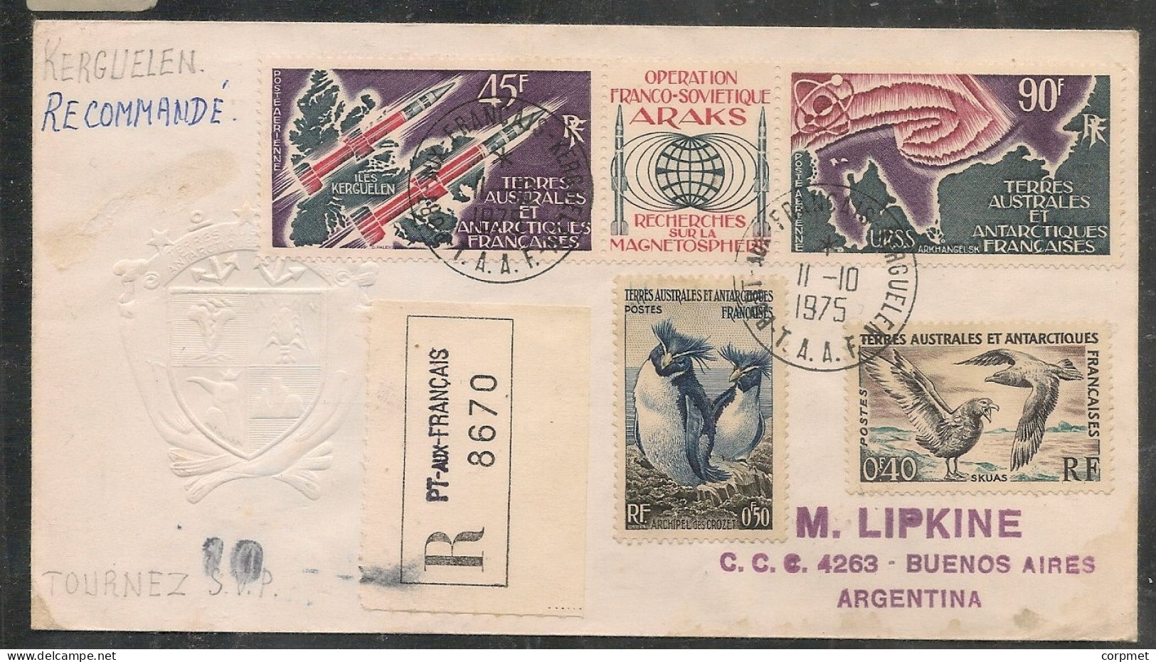 TAAF Vf RECOMMANDE De KERGUELEN à BUENOS AIRES - AFFRANCHISSEMENTS MULTIPLES 13 TIMBRES - Oiseaux + Triptyque Aérien 41A - Covers & Documents