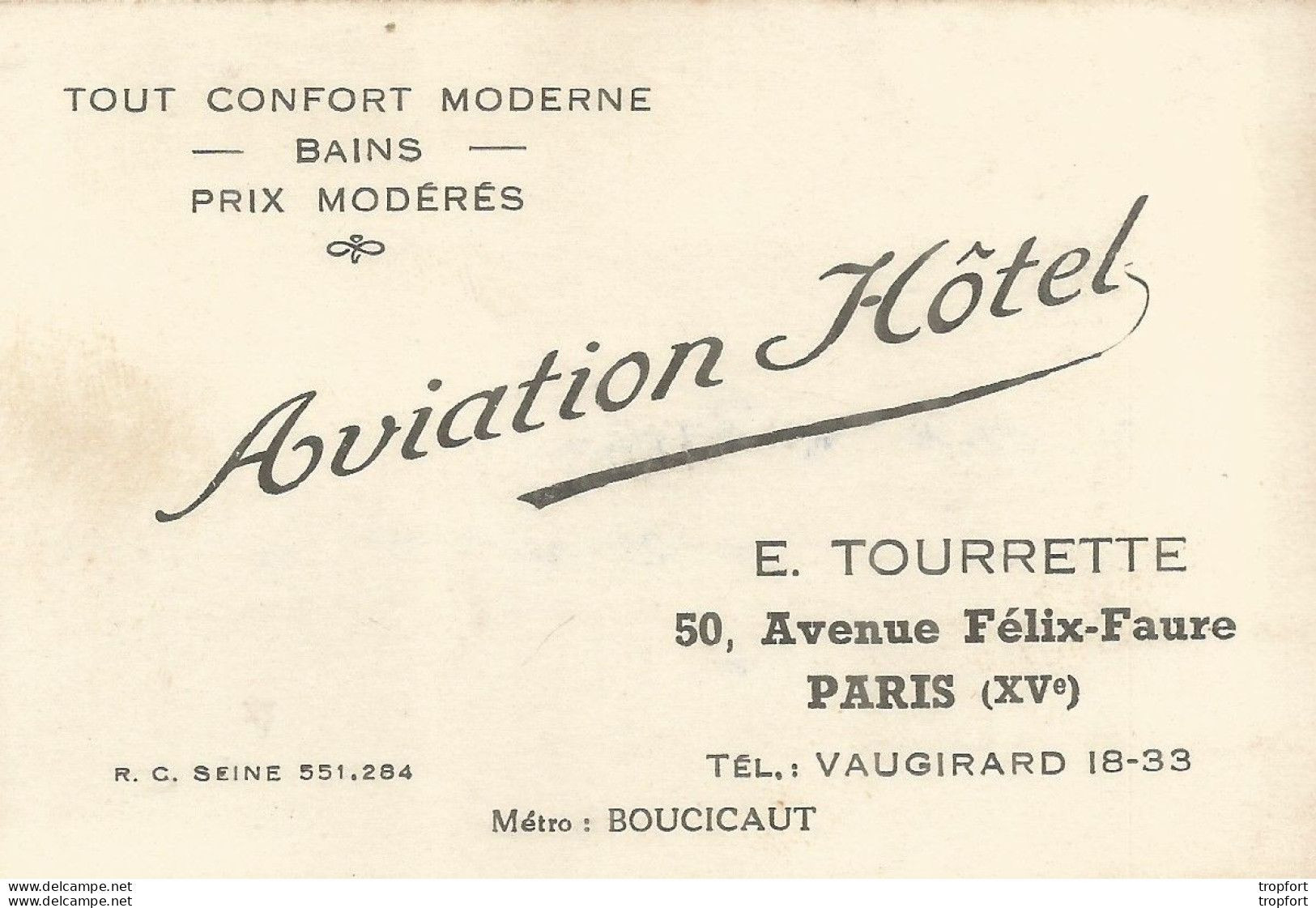 75 Hotel AVIATION HOTEL Av Felix Faure 75006 PARIS / CARTE De VISITE Publicitaire PUB Restaurant - Visitenkarten