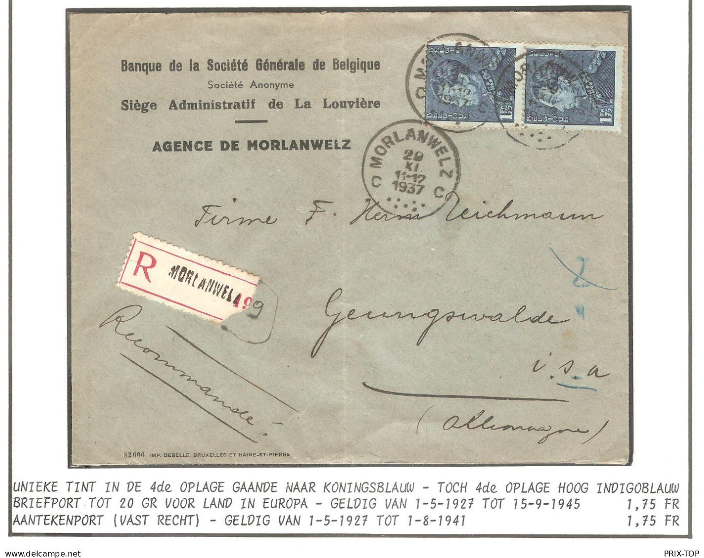 TP 430 (2) S/L. Banque S.G.B. Expédiée En Recommandé Obl. Morlanwelz 29/11/1937 > Allemagne C. D'arrivée Geringswalde - Storia Postale