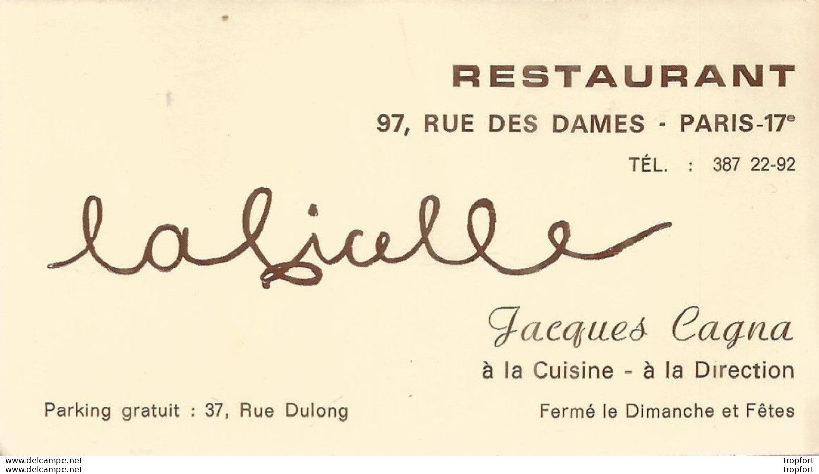 75 La FICELLE Rue Des Dames 75017 PARIS / CARTE De VISITE Publicitaire PUB Restaurant - Visiting Cards