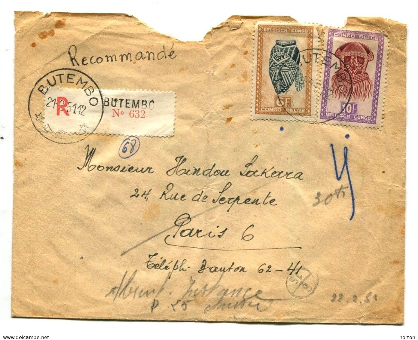 Congo Butembo  C.O.B. 291+292 Sur Lettre Recom. Type 2Ad/R-O/B (pte Griffe Maj) Dent. 11 Vers Paris Via Irumu 21/02/1951 - Brieven En Documenten